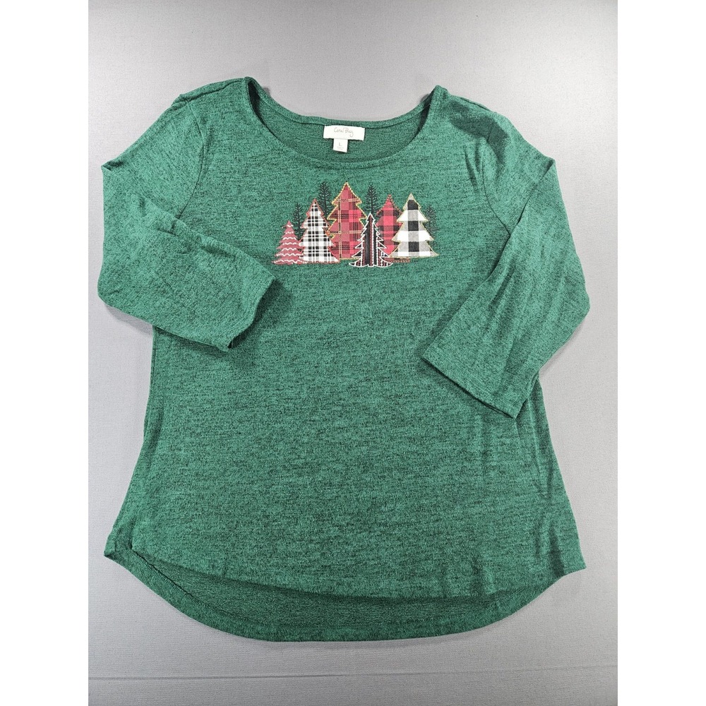 Coral Bay Christmas Tree Top Large Green Heather 3/4 Sleeve Holiday Plaid Knit